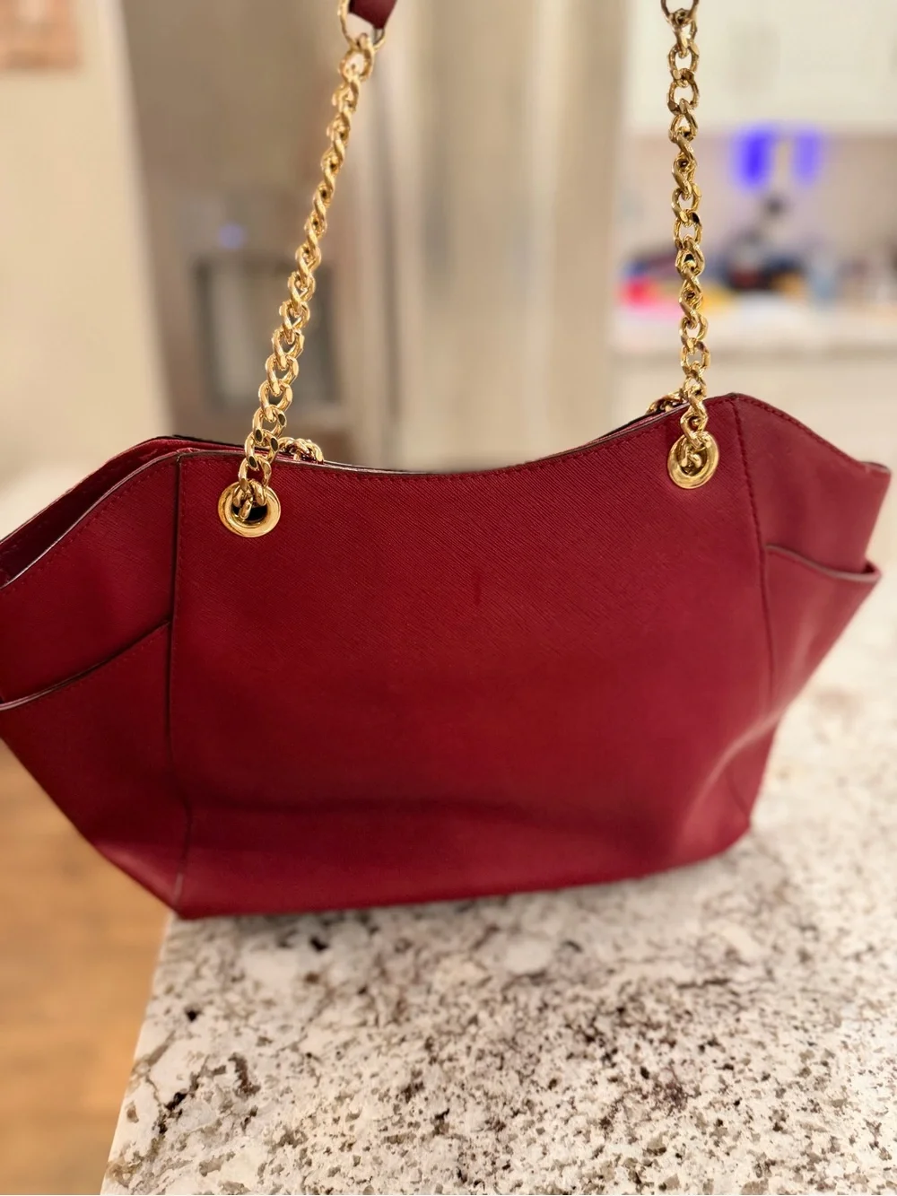 Michael Kors Red Leather Shoulder Bag with Gold Chain Straps